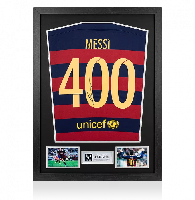 icons Lionel Messi Back Signed FC Barcelona Home Shirt In Classic Frame: 400 La Liga Goals Special Edition