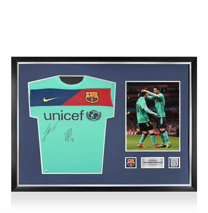 icons Lionel Messi & David Villa Official FC Barcelona Front Signed and Framed 2010-11 Away Shirt