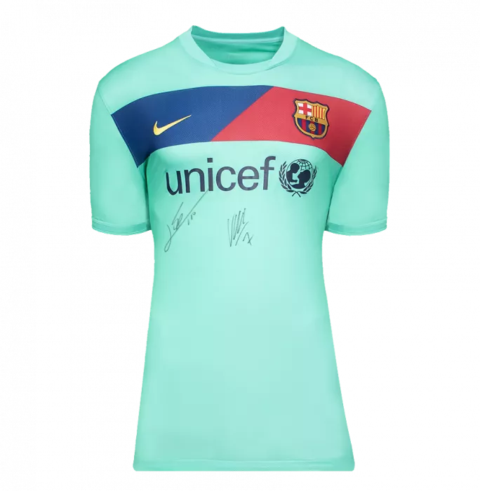 Icons Lionel Messi & David Villa Official UEFA Champions League Front Signed And Hero Framed FC Barcelona 2010-11 Away Shirt