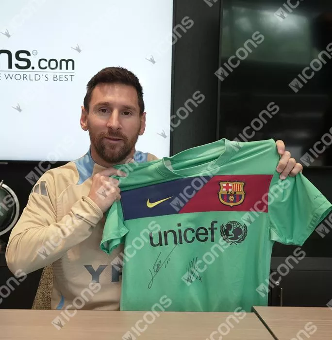 Icons Lionel Messi & David Villa Official UEFA Champions League Front Signed And Framed FC Barcelona 2010-11 Away Shirt