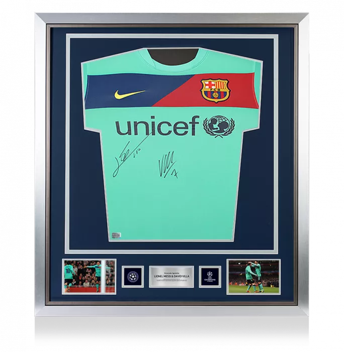 icons Lionel Messi & David Villa Official UEFA Champions League Front Signed and Framed FC Barcelona 2010-11 Away Shirt