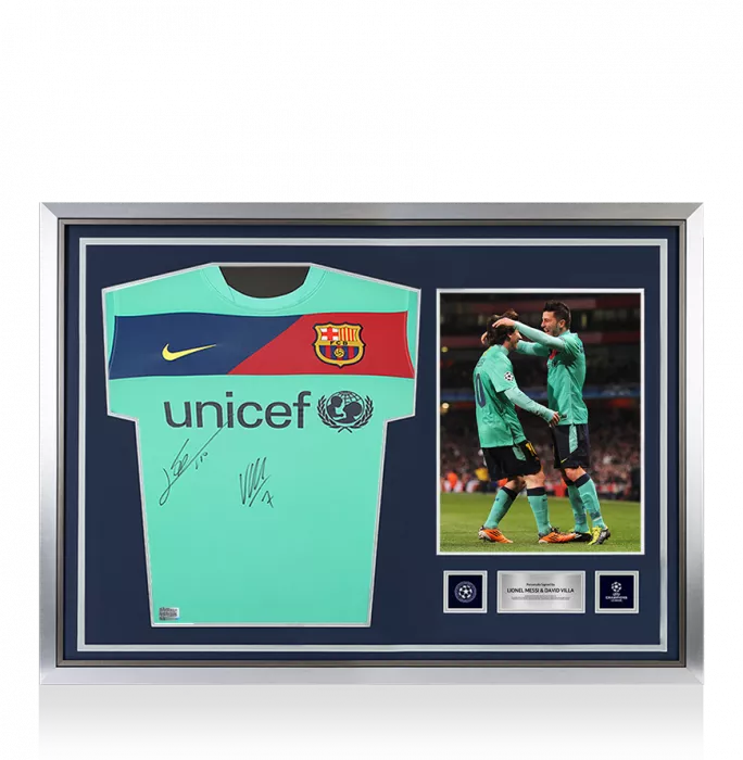 icons Lionel Messi & David Villa Official UEFA Champions League Front Signed and Hero Framed FC Barcelona 2010-11 Away Shirt
