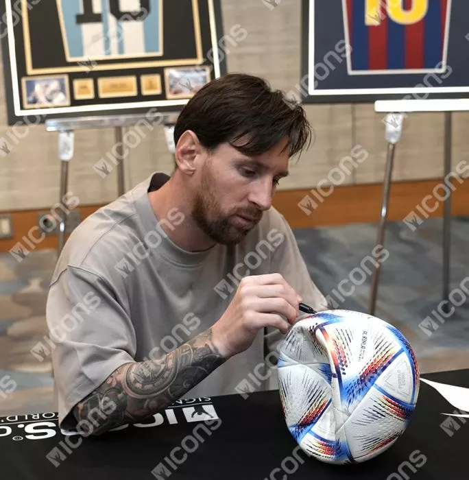 Icons Lionel Messi & Emiliano Martinez Official FIFA World Cup™ Dual Signed Adidas Rihla Pro Football In Acrylic Case