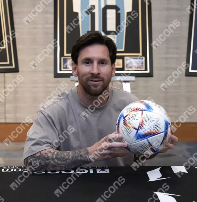 Icons Lionel Messi & Emiliano Martinez Official FIFA World Cup™ Dual Signed Adidas Rihla Pro Football In Acrylic Case