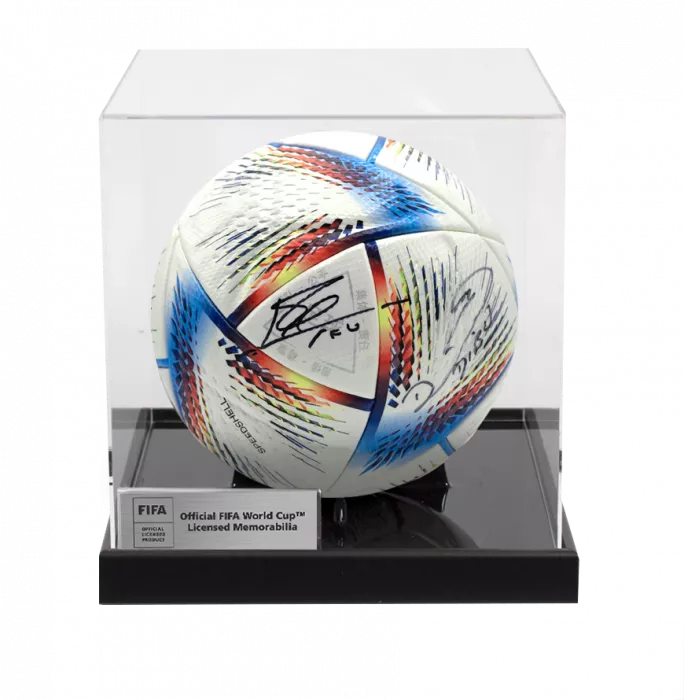 icons Lionel Messi & Emiliano Martinez Official FIFA World Cup™ Dual Signed Adidas Rihla Pro Football In Acrylic Case