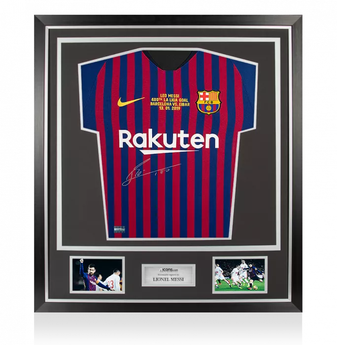 icons Lionel Messi Front Signed FC Barcelona 2018-19 Home Shirt In Classic Frame: 400th La Liga Goal Special Edition