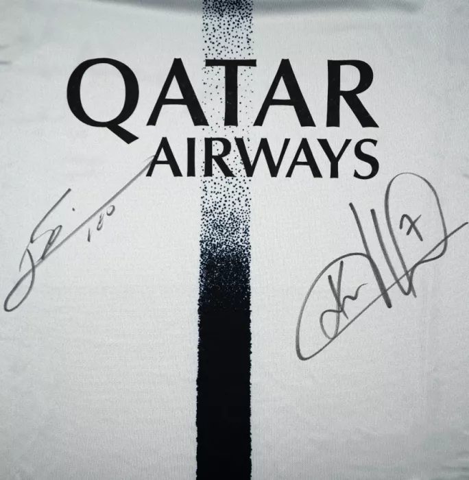 Icons Lionel Messi & Kylian Mbappe Official Paris Saint-Germain Front Signed And Framed 2022-23 Away Shirt