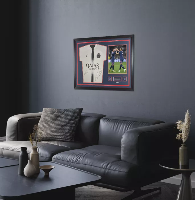 Icons Lionel Messi & Kylian Mbappe Official Paris Saint-Germain Front Signed And Framed 2022-23 Away Shirt