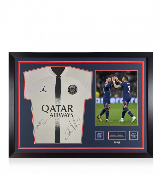 icons Lionel Messi & Kylian Mbappe Official Paris Saint-Germain Front Signed and Framed 2022-23 Away Shirt