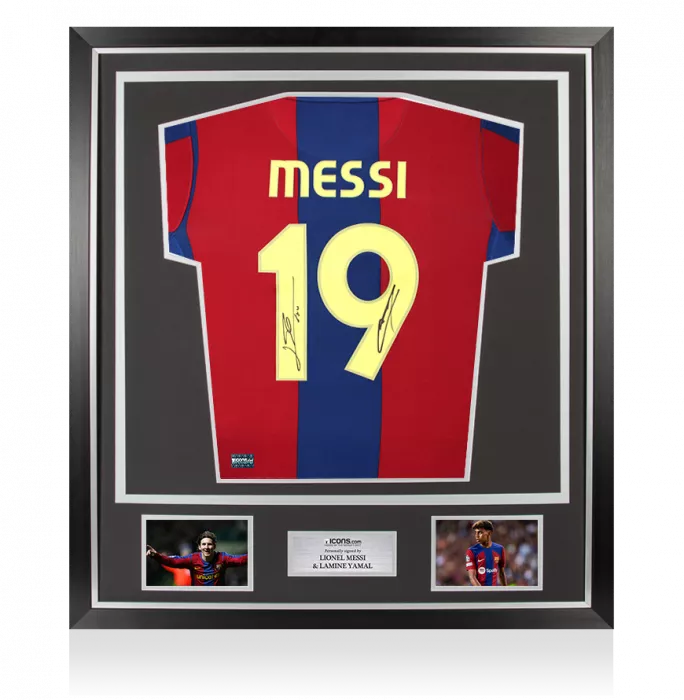 icons Lionel Messi & Lamine Yamal Dual Signed FC Barcelona 2007-08 Home Shirt In Classic Frame