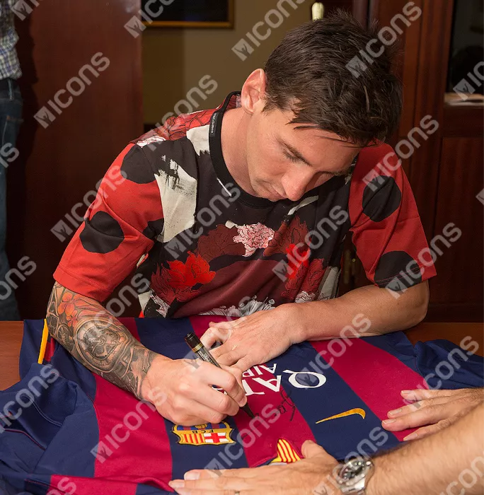 Icons Lionel Messi Luis Suarez & Andres Iniesta Front Signed And Framed FC Barcelona 2014-15 Home Shirt