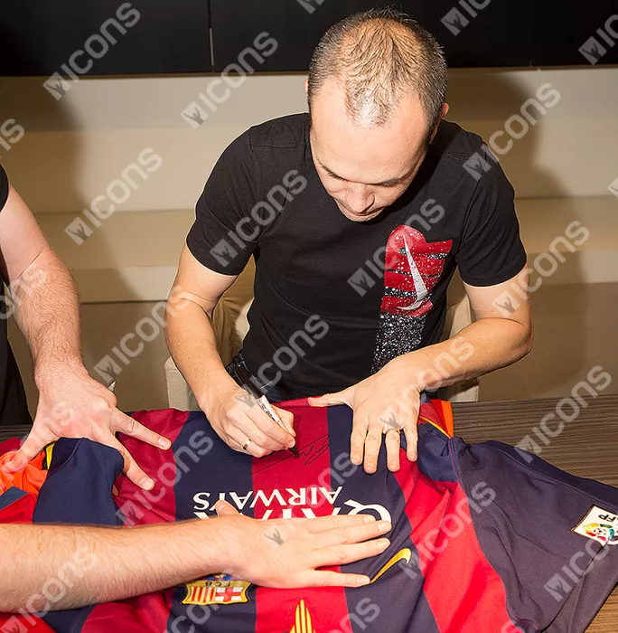 Icons Lionel Messi Luis Suarez & Andres Iniesta Front Signed And Framed FC Barcelona 2014-15 Home Shirt