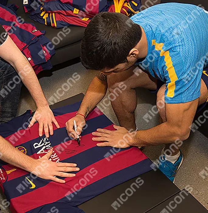 Icons Lionel Messi Luis Suarez & Andres Iniesta Front Signed And Framed FC Barcelona 2014-15 Home Shirt