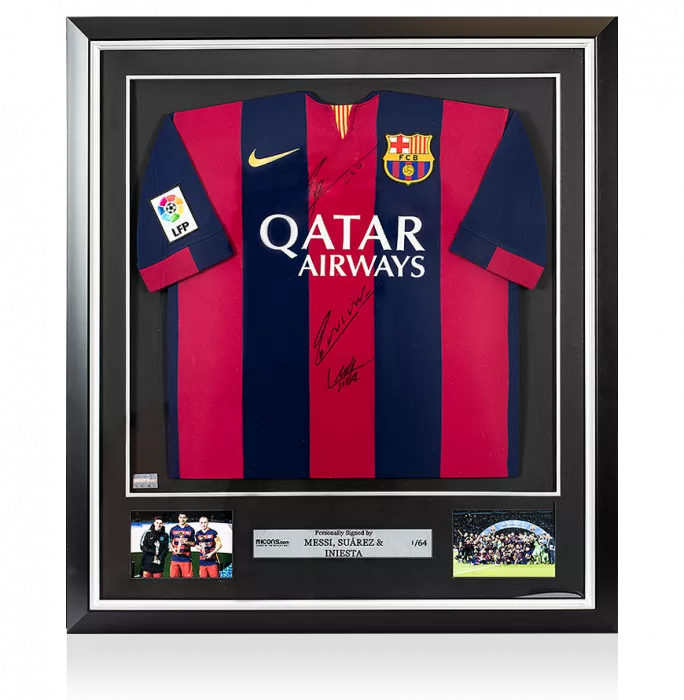 icons Lionel Messi Luis Suarez & Andres Iniesta Front Signed and Framed FC Barcelona 2014-15 Home Shirt