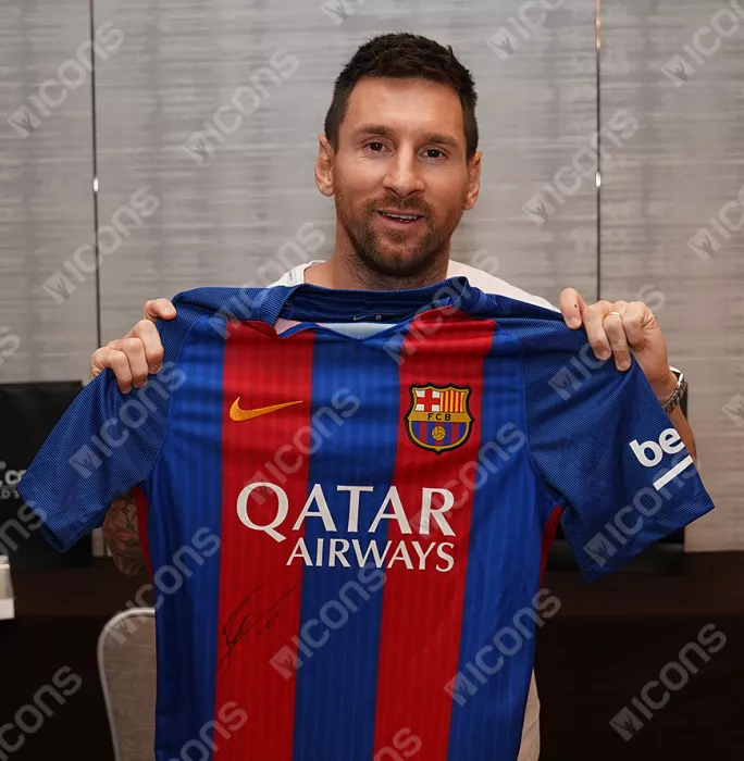 Icons Lionel Messi & Luis Suarez Front Signed FC Barcelona 2016-17 Home Shirt In Classic Frame