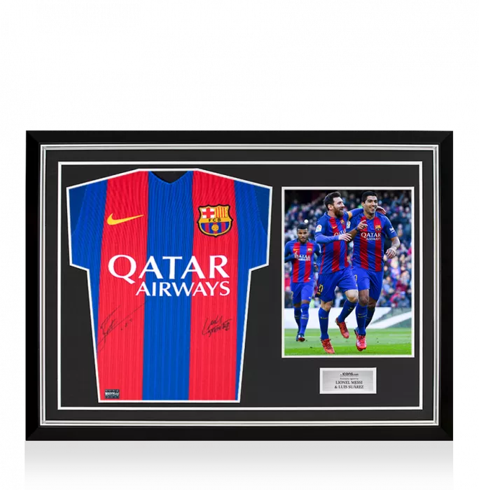icons Lionel Messi & Luis Suarez Front Signed FC Barcelona 2016-17 Home Shirt In Hero Frame: Option 1