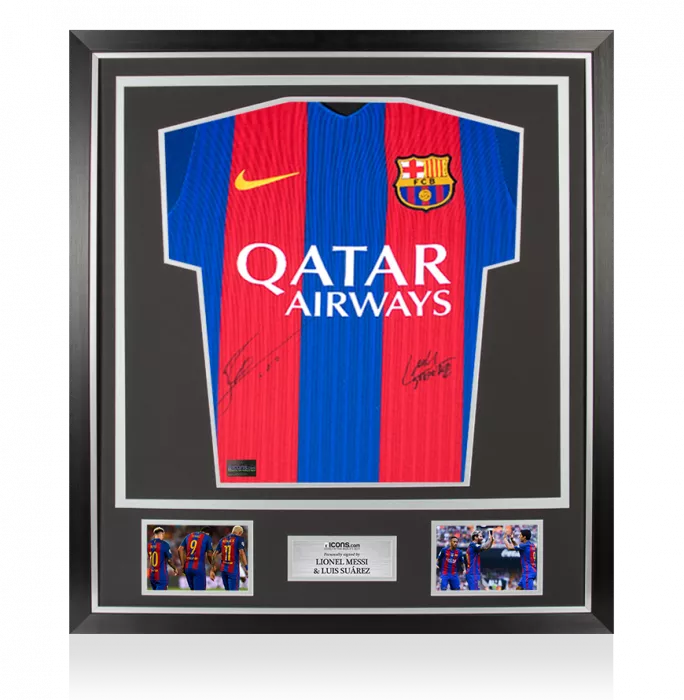 icons Lionel Messi & Luis Suarez Front Signed FC Barcelona 2016-17 Home Shirt In Classic Frame