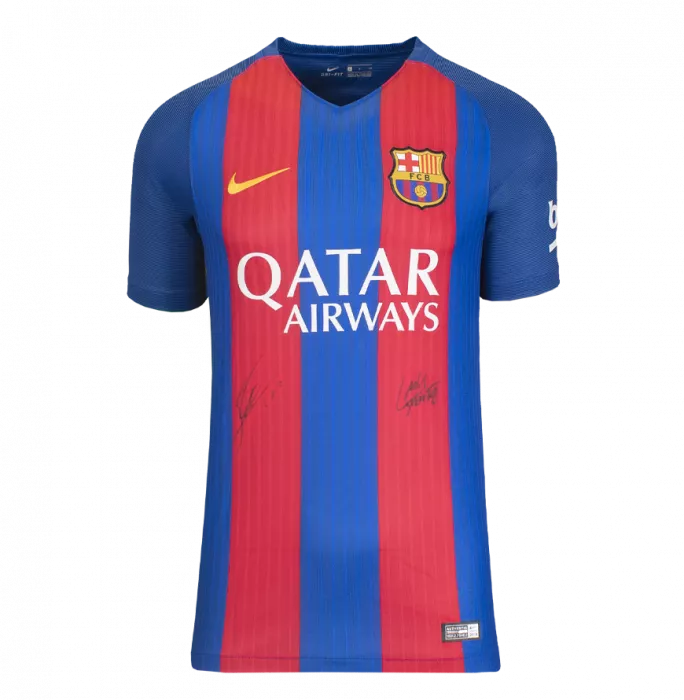 Icons Lionel Messi & Luis Suarez Official FC Barcelona Front Signed And Framed 2016-17 Home Shirt