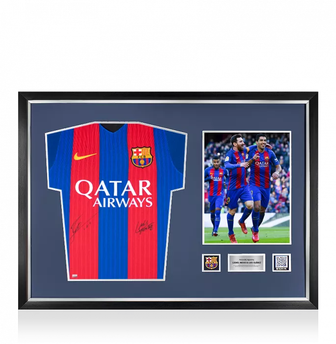 icons Lionel Messi & Luis Suarez Official FC Barcelona Front Signed and Framed 2016-17 Home Shirt