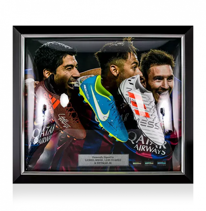 icons Lionel Messi Neymar Jr & Luis Suarez Signed and FC Barcelona Framed Boots