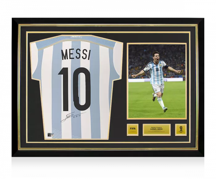 icons Lionel Messi Official 2014 FIFA World Cup™ Back Signed and Hero Framed Argentina 2014-15 Home Shirt