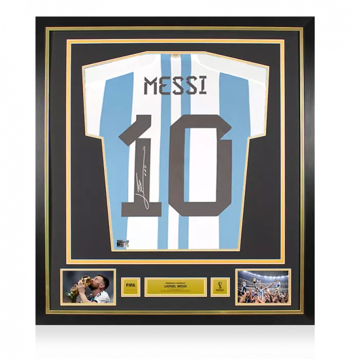 icons Lionel Messi Official 2022 FIFA World Cup™ Back Signed and Framed Argentina 2022-23 Home Shirt With Fan Style Numbers