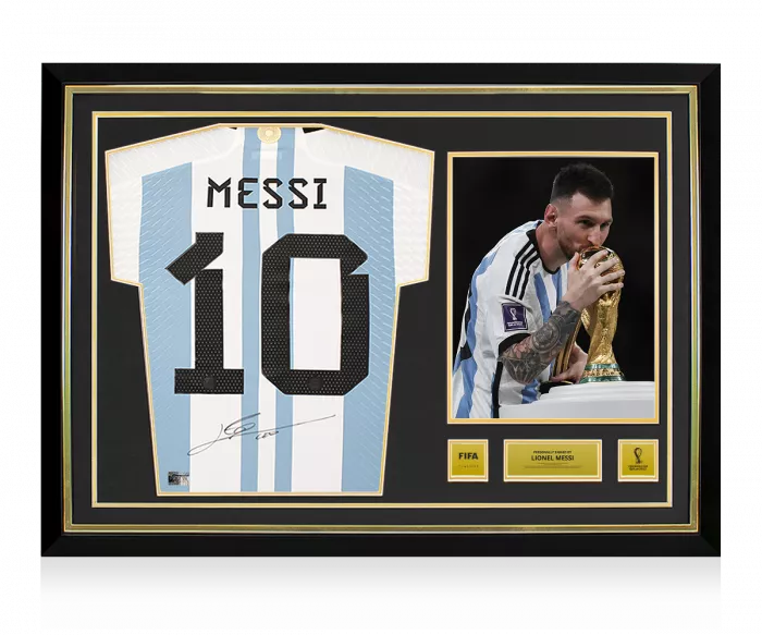 icons Lionel Messi Official 2022 FIFA World Cup™ Back Signed and Hero Framed Argentina Match Issue 2022 Home Shirt - vs France Motif