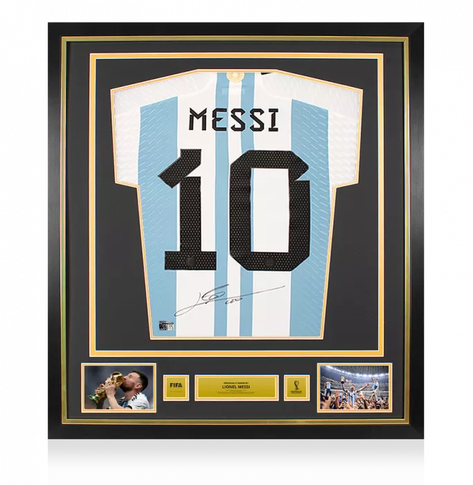 icons Lionel Messi Official 2022 FIFA World Cup™ Back Signed and Framed Argentina Match Issue 2022 Home Shirt - vs France Motif