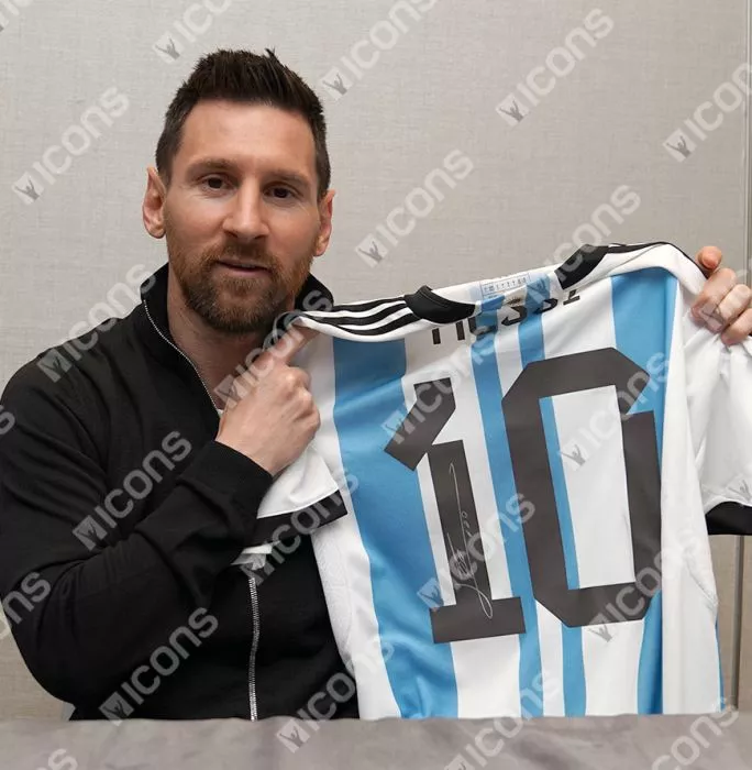 Icons Lionel Messi Official 2022 FIFA World Cup™ Back Signed And Hero Framed Argentina 2022-23 Home Shirt
