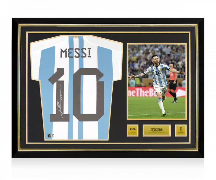 icons Lionel Messi Official 2022 FIFA World Cup™ Back Signed and Hero Framed Argentina 2022-23 Home Shirt