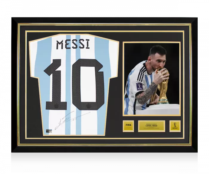 icons Lionel Messi Official 2022 FIFA World Cup™ Back Signed and Hero Framed Argentina 2022 Home Shirt: Two Star Edition