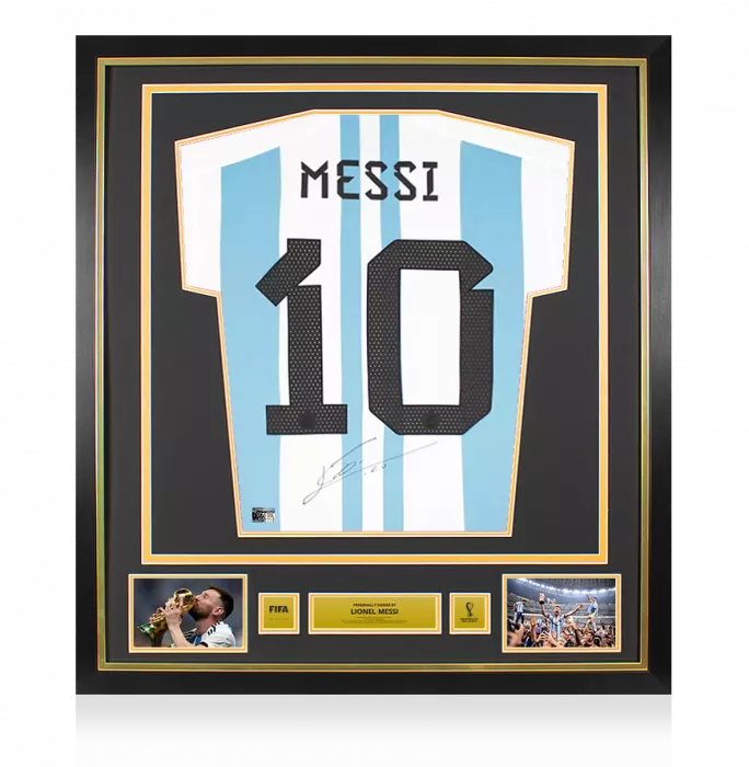 icons Lionel Messi Official 2022 FIFA World Cup™ Back Signed and Framed Argentina 2022 Home Shirt: Two Star Edition