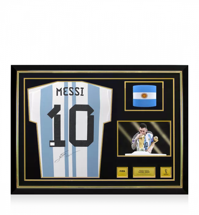 icons Lionel Messi Official 2022 FIFA World Cup™ Back Signed and Framed Argentina 2022 Home Shirt: 2022 FIFA World Cup Winning Captain Edition