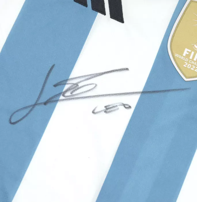 Icons Lionel Messi Official 2022 FIFA World Cup™ Front Signed And Hero Framed Argentina 2022-23 Home Shirt: 3 Star Edition