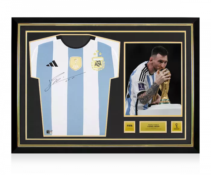 icons Lionel Messi Official 2022 FIFA World Cup™ Front Signed and Hero Framed Argentina 2022-23 Home Shirt: 3 Star Edition