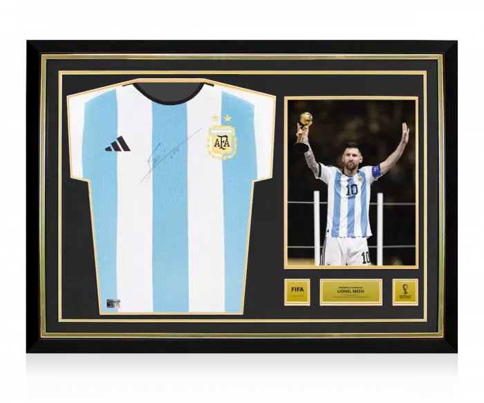 icons Lionel Messi Official 2022 FIFA World Cup™ Front Signed and Hero Framed Argentina 2022-23 Home Shirt