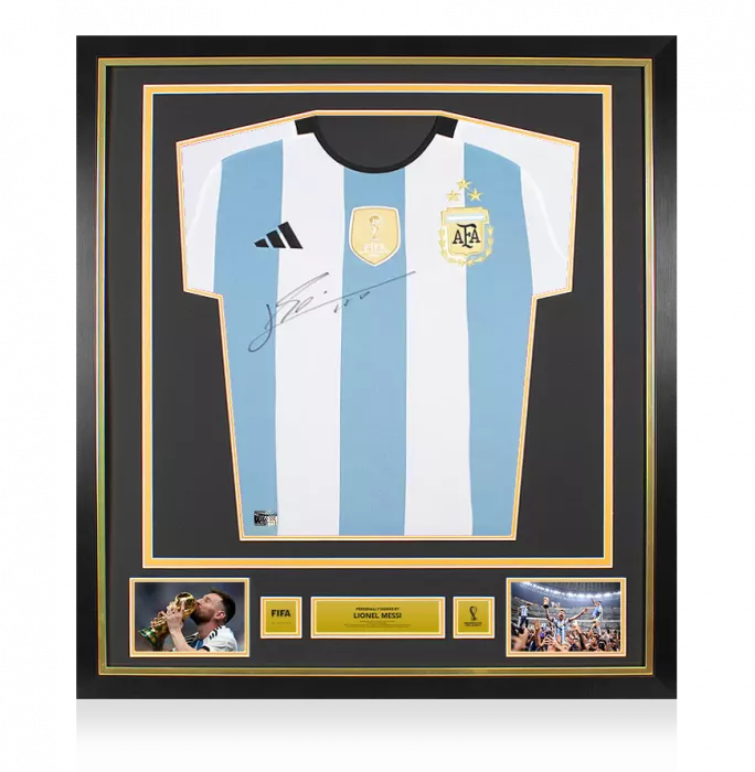 icons Lionel Messi Official 2022 FIFA World Cup™ Front Signed and Framed Argentina 2022-23 Home Shirt: 3 Star Edition