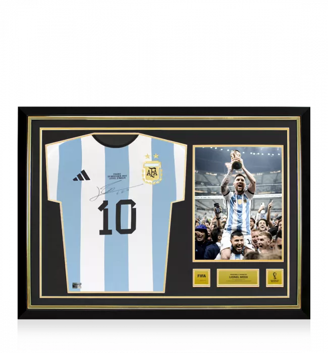 icons Lionel Messi Official 2022 FIFA World Cup™ Front Signed and Hero Framed Argentina 2022 Home Shirt