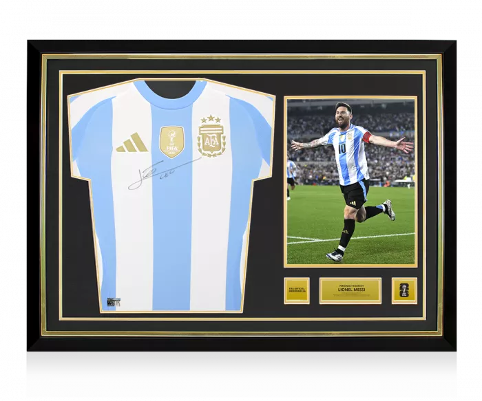 icons Lionel Messi Official 2026 FIFA World Cup™ Front Signed and Hero Framed Argentina 2024-25 Home Shirt