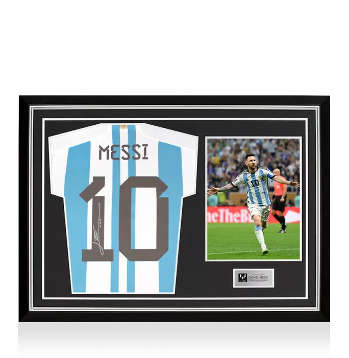 icons Lionel Messi Official Back Signed Argentina 2022-23 Home Shirt With Fan Style Numbers In Hero Frame: Option 1