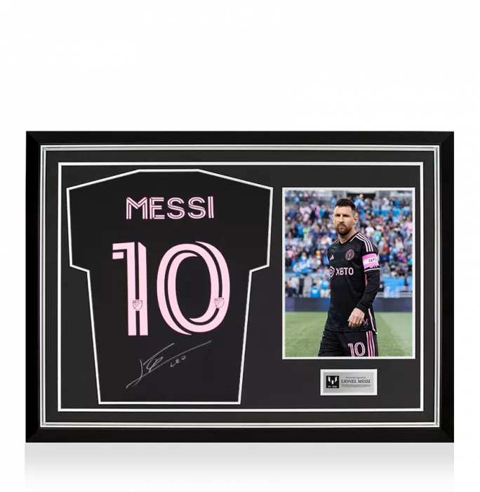 icons Lionel Messi Official Back Signed Inter Miami CF 2022-23 Away Shirt In Hero Frame: Option 1