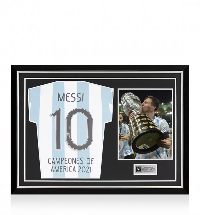 Icons Lionel Messi Official Back Signed Retro Argentina Home Shirt In Hero Frame: Campeones De America 2021 Edition