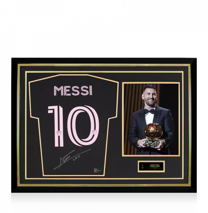 icons Lionel Messi Official Ballon d'Or™ Back Signed and Hero Framed Inter Miami CF 2022-23 Away Shirt