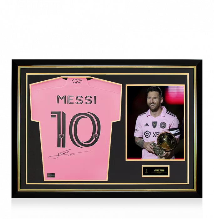 icons Lionel Messi Official Ballon d'Or™ Back Signed and Hero Framed Inter Miami CF 2024-25 Home Shirt
