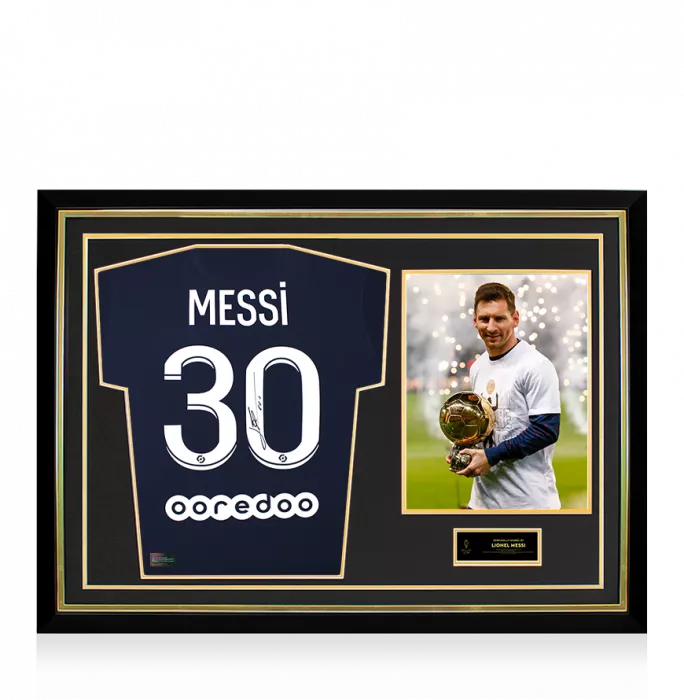 icons Lionel Messi Official Ballon d'Or™ Back Signed and Hero Framed Paris Saint-Germain 2021-22 Home Shirt