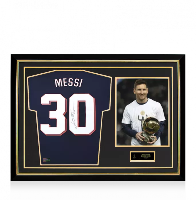 icons Lionel Messi Official Ballon d'Or™ Back Signed and Hero Framed Paris Saint-Germain 2021-22 Home Shirt