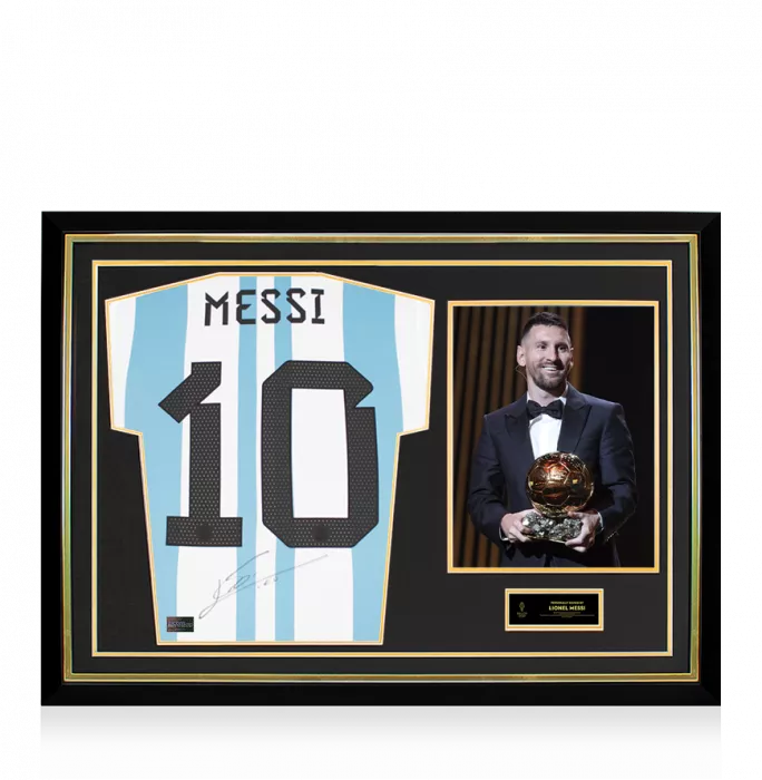 icons Lionel Messi Official Ballon d'Or™ Back Signed and Hero Framed Argentina 2022 Home Shirt
