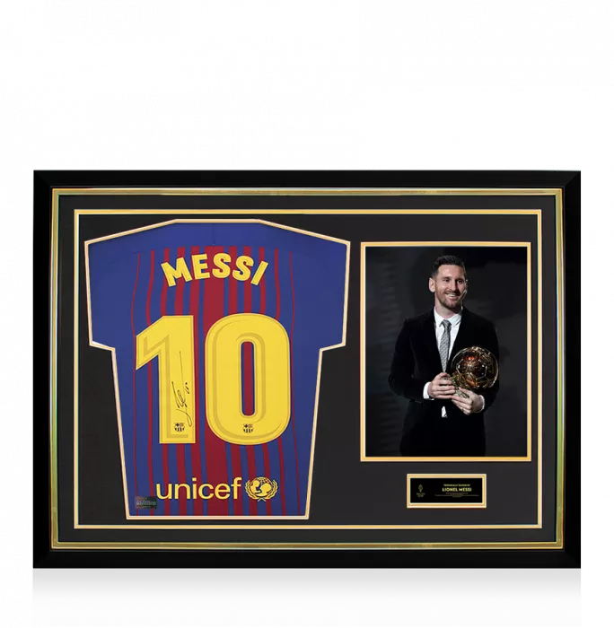 icons Lionel Messi Official Ballon d'Or™ Back Signed and Hero Framed FC Barcelona 2017-18 Home Shirt