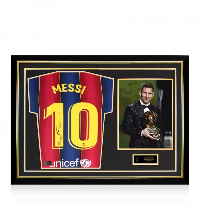icons Lionel Messi Official Ballon d'Or™ Back Signed and Hero Framed FC Barcelona 2020-21 Home Shirt