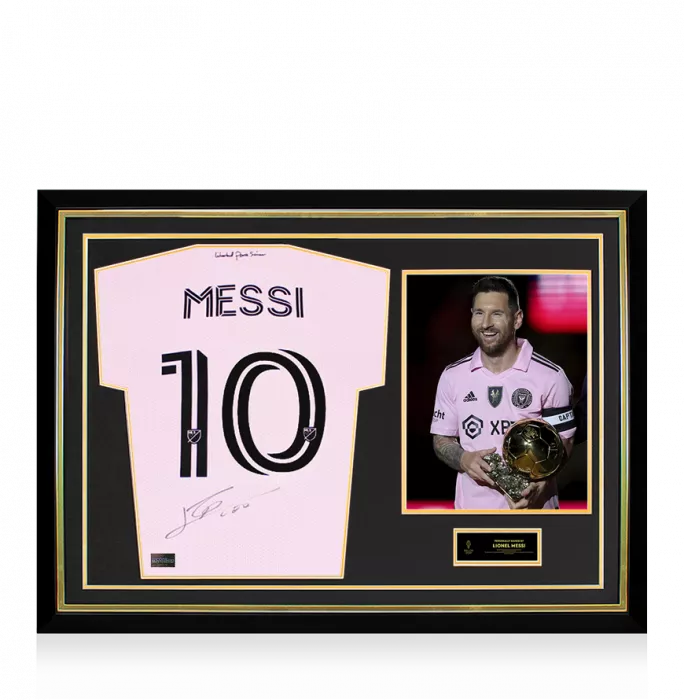 icons Lionel Messi Official Ballon d'Or™ Back Signed and Hero Framed Inter Miami CF 2022-23 Home Shirt